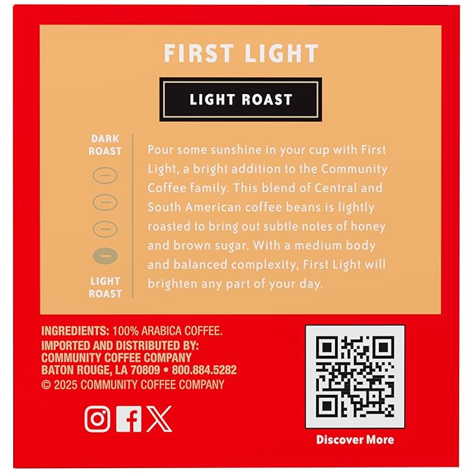 Community Coffee First Light, 72 Keurig Coffee Pods, Light Roast, Compatible with all K-Cup Brewers, 12 Count (Pack of 6)