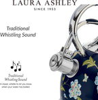 VQ Laura Ashley Elveden Navy 2.5L Stainless Steel Tea Kettle Stovetop Whistling Teapot for Induction, Gas Hob or others. Silicon Coated Cool Handle & Push Button Mechanism Vintage Stove Top Kettle