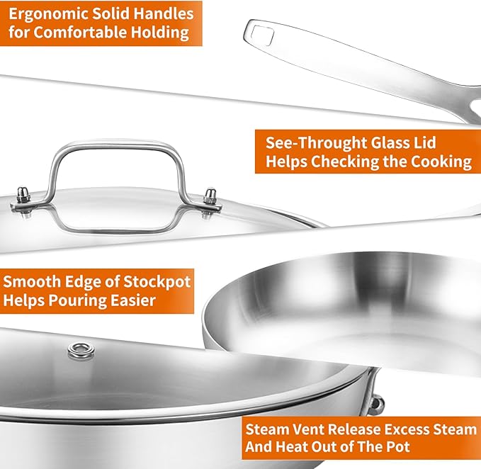 DELARLO Tri-ply Stainless Steel Frying Pan Set with Lid 10"12" large Skillets Induction Chef's Pan,Pots and Pans Set Kitchen Cookware Set Dishwasher and Oven Safe