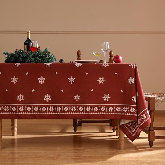 ISAENNE Designer Christmas Red Long Rectangular Tablecloth,Linen Table Cloth with Snowflakes Pattern,Wrinkle Resistant Decor Tablecloths for Dining Kitchen Thanksgiving Christmas,63"*102"-Carol C
