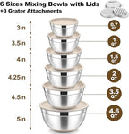 TeamFar Mixing Bowls, 6 PCS Stainless Steel Nesting Salad Bowl with Lids & 3 Graters, For Kitchen Cooking Serving Prepping, Airtight & Non-Slip, Size 4.6/3.5/2/1.5/1/0.7 QT, Khaki