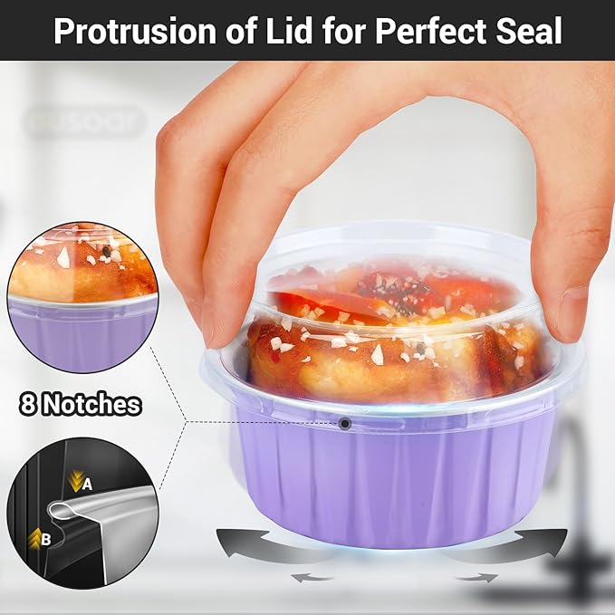 EUSOAR Disposable Ramekins with Lids, 5oz 100pcs Muffin Liners Cups with Lids, Creme Brulee Foil Ramekins, Aluminum Foil Cupcake Baking Cups, for Party Favor Birthday -Light Purple