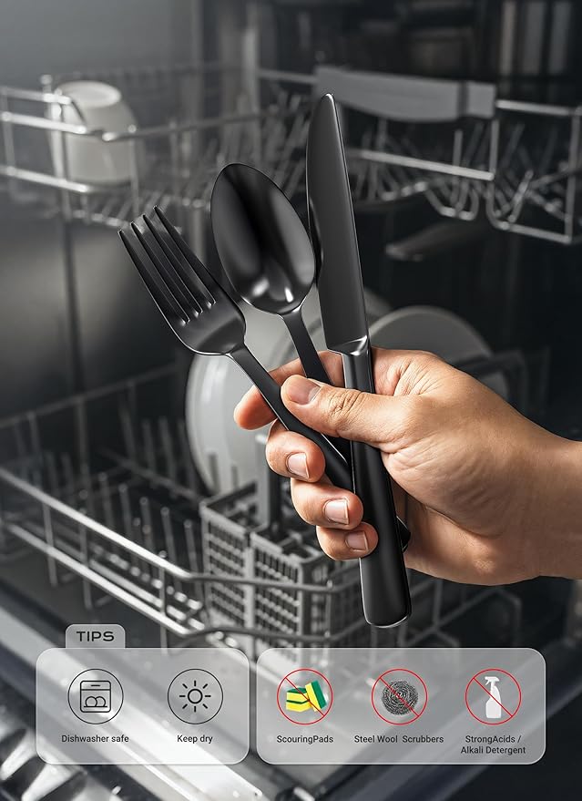 Black Silverware Set, 45-Piece Flatware Set Service for 8, Durable Stainless Steel, Mirror Polished Tableware Eating Cutlery Set, Kitchen Utensils Set with Steak Knives, Dishwasher Safe