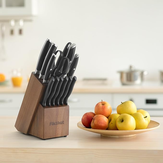 Knife Block Set, FIKSHOT Kitchen Knife Sets, High Carbon Stainless Steel Full Tang Knife set, Razor-Sharp Blade Rust Resistant, Professional Chef's Knife for Home Cooking (BLACK)