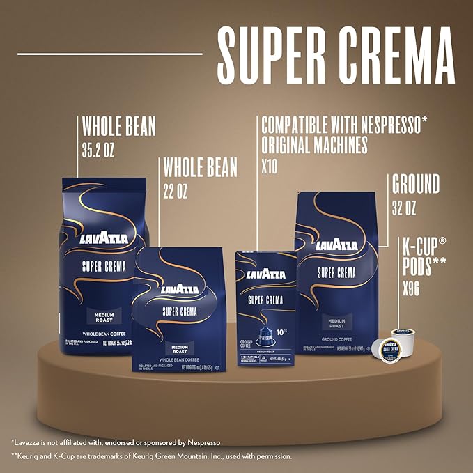 Lavazza Super Crema Whole Bean Coffee, Medium Espresso Roast, Arabica and Robusta Blend, 2.2 lb Bag (Pack of 2)