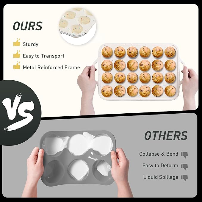 24 Cups Silicone Muffin Pan with Metal Reinforced Frame Mini Size Cupcake Pan Tray Egg Bites Silicone Circle Cookie Molds Muffin Tin Tart Pans Non Stick Toxic Oven Safe Baking Sheet Set