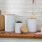 Kitchen Canister Set of 3 Tea Coffee Sugar Containers with Airtight Bamboo Lids Food Flour Storage for Countertop Metal White Ear of Wheat Pattern Embossed Farmhouse Decor
