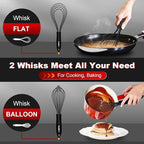 Walfos Whisk 11inch Flat Whisks and 10inch Balloon Whisk Combo,Silicone whisks for cooking,Non Scratch Coated Wisk,Suitable for Ceramic Coated pans and Wider shallower pots.(2pcs black)