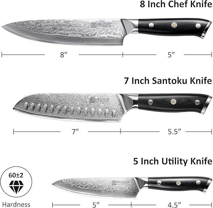 PAUDIN Damascus Knife Set 3 PCS, Japanese VG10 Steel Core, Ultra Sharp Chef Knife Set, Full Tang G10 Handle, Damascus Kitchen Knives