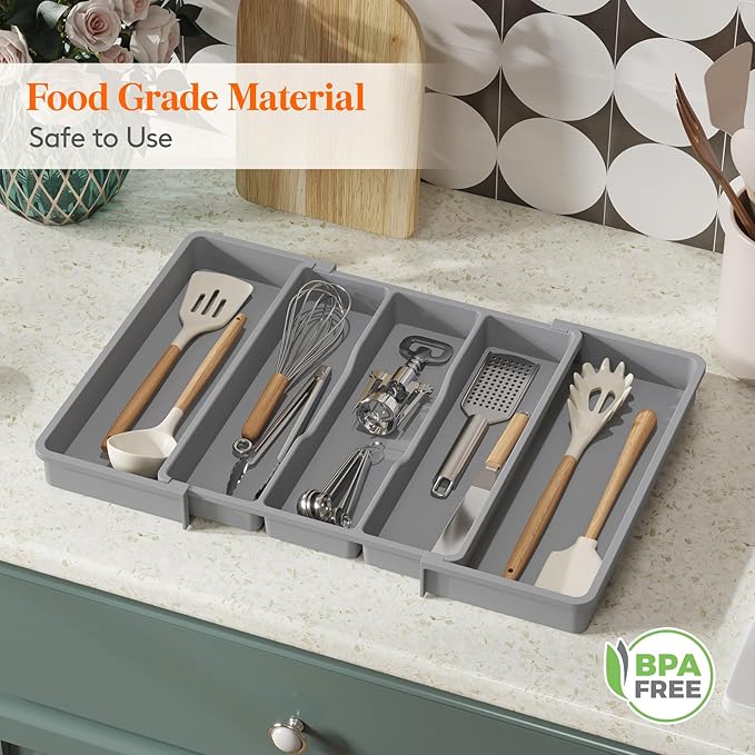 Lifewit Silverware Drawer Organizer and Utensil Organizer Set, Expandable Cooking Cutlery Tray for Kitchen, Adjustable Plastic Flatware Holder Storage Divider for Spoons Forks Knives, Large, Gray