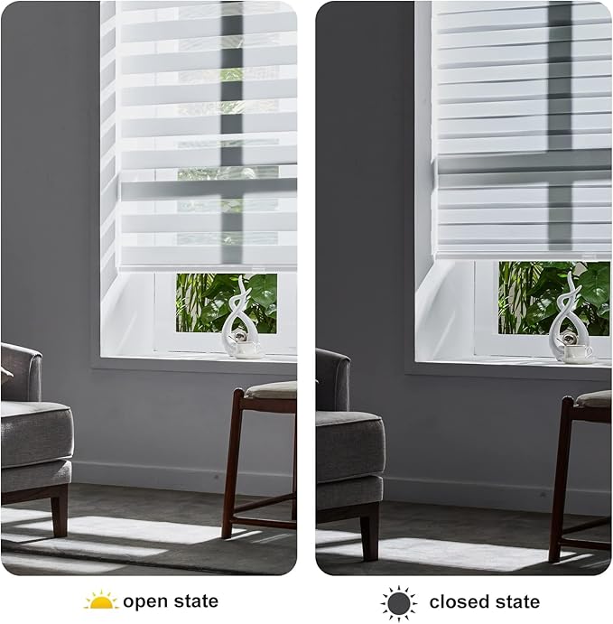 Persilux Zebra Blinds for Windows Cordless Blinds & Shades (28" W x 72" H, White) Free-Stop Roller Window Shades, Light Filtering Roller Shades for Windows, Light Control for Day and Night