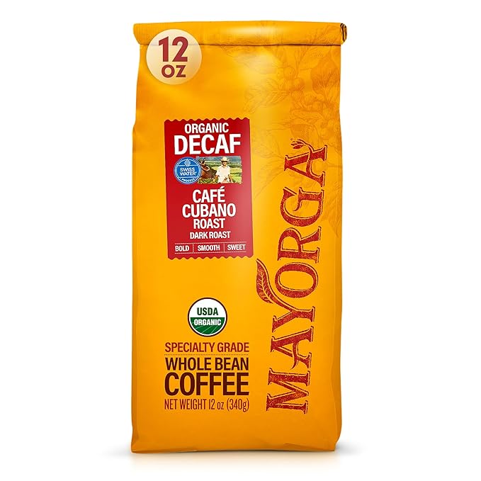 Mayorga Decaf Dark Roast 12oz Bag Cafe Swiss Water Decaffeinated Cubano Roast 100% Arabica Whole Coffee Beans - Smoothest Organic Coffee - Specialty Grade, Non-GMO, Direct Trade