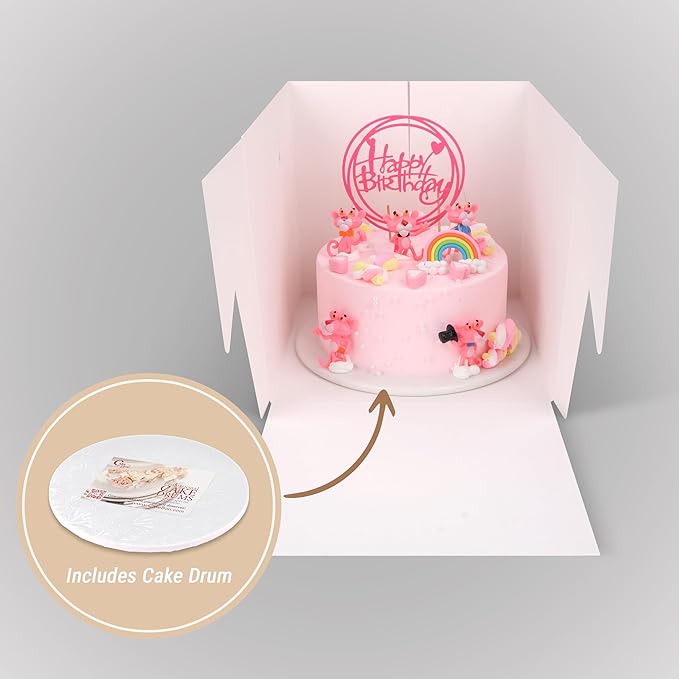 Cakebon Cake Boxes with Boards - 12 Inch Round Cake Drum Silver - Box With Window for Birthdays, Weddings and Parties (1pc Each, 2pcs Total)