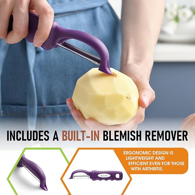 Spring Chef Professional Purple Swivel Potato Peelers for Kitchen, Stainless Steel Veggie Peeler with Soft Grip Handle, Dishwasher Safe, Grate for Peeling Apple, Fruit, Carrot, Cucumber, Purple