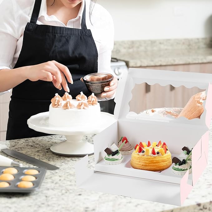 JCD 8 Packs Pink Bento Cake and Cupcake Box 5 Holes Fit 4 Cupcakes and 1 Mini Cakes Cupcake Combo Boxes for Party Bakery Supplies (Pink 1+4/8Pcs)