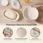 Banneton Bread Proofing Basket Set, 9" Round & 10" Oval Natural Rattan Sourdough Bowl with Linen Liner, Sourdough Starter Kit, Fermented Cloth, Silicone Bread Sling, Ideal for Homemade Bread