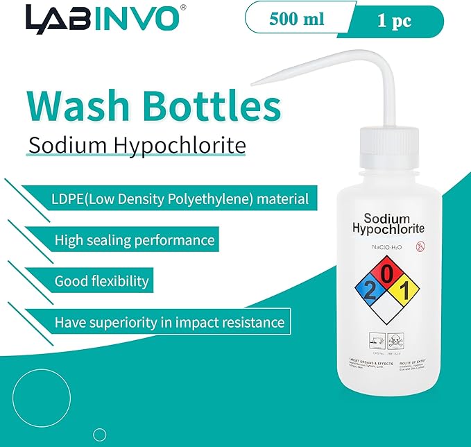 Sodium Hypochloride Wash Bottles, Vol.500ml (17oz), Narrow Mouth, Self-Venting Safety Wash Bottles, LDPE Material, IN-WBS500，Pack of 1, IN-WBS501