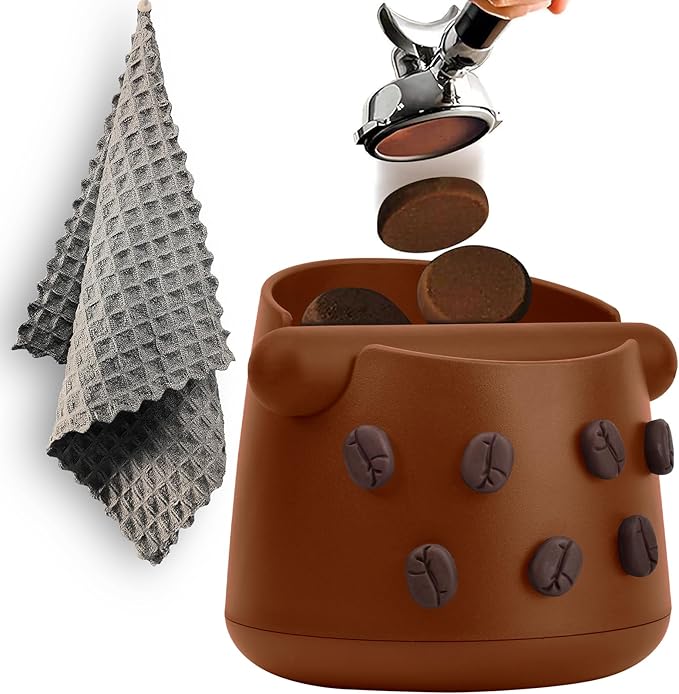 Espresso Knock Box with Barista Towels, Removable Shock-absorbent Knock Bar & Non-Slip Base - Knock Box Espresso, Knock Box for Coffee Grounds, Espresso Machine Accessories, Brown, JDHAVMOS