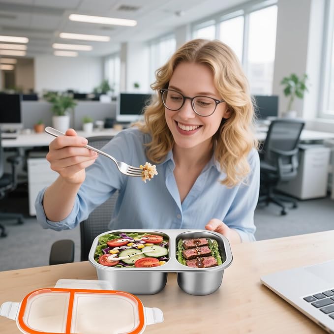 Palksky Lunch Containers Meal Prep Containers Stainless Steel, 2 Compartment Food Storage Containers with Leak-Proof Lids, Reusable Airtight Bento lunch Boxes, Kitchen Storage, Freezer (4 Packs)