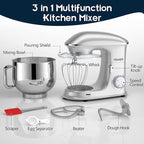 HOWORK 8.5QT Stand Mixer, 660W 6+P Speed Tilt-Head, Electric Kitchen Mixer With Dishwasher-Safe Dough Hook, Beater, Wire Whip & Pouring Shield(8.5 QT, Silver)