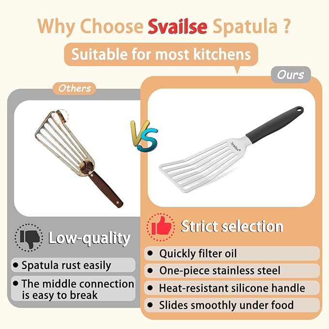 Fish Spatula Stainless Steel, Metal Spatula for Cast Iron Skillet, Slotted Turner with Silicone Handle for Cooking, Grilling, Flipping, Egg, Cookie, Pancake and Burger (Small, 11.7 Inch)