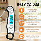 KULUNER TP-01 Waterproof Digital Instant Read Meat Thermometer with 4.6 Folding Probe Backlight Calibration Function for Cooking Food Candy, BBQ Grill, Liquids,Beef(White)
