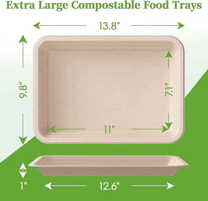 ECOLipak 100 Pack 14 Inch Disposable Food Crawfish Trays, Compostable Large Paper Plates, Disposable Thanksgiving Trays for Serving Food, Turkey, BBQ, Seafood Boil Party Supplies(Nature)