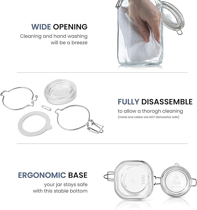 Bormioli Rocco Fido Glass Jars - 50.75 oz Large Airtight Container with Clamp Lids & Rubber Seals, BPA-Free Glass Canisters for Pantry Display, Decorative Kitchen Storage, Events & Weddings (Set of 2)