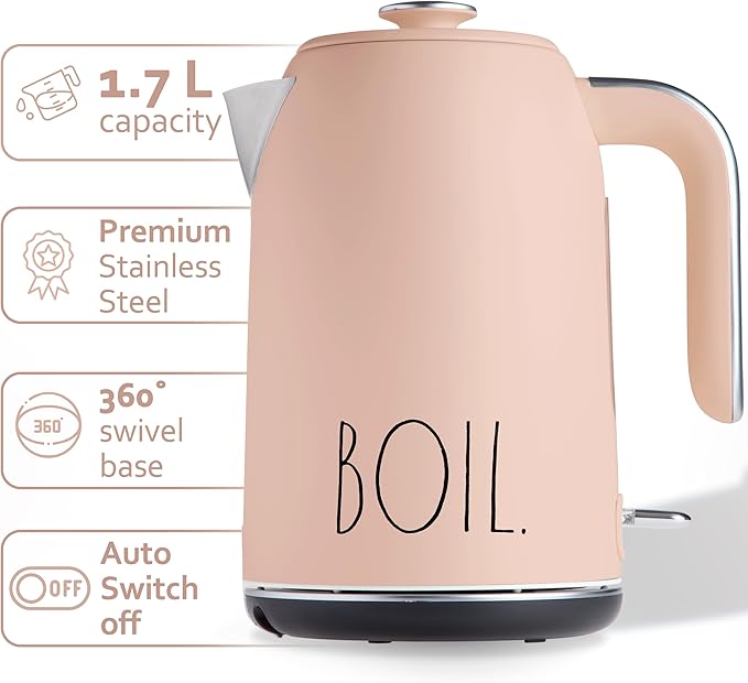 Rae Dunn Electric Hot Water Kettle - Stainless Steel Coffee Maker, Tea Kettle, Swivel Base, With Automatic Shut Off Boil-Dry Protection, Easy Pour Pitcher, 1500 Watt Boiling Power, 1.7 Liters, Blush