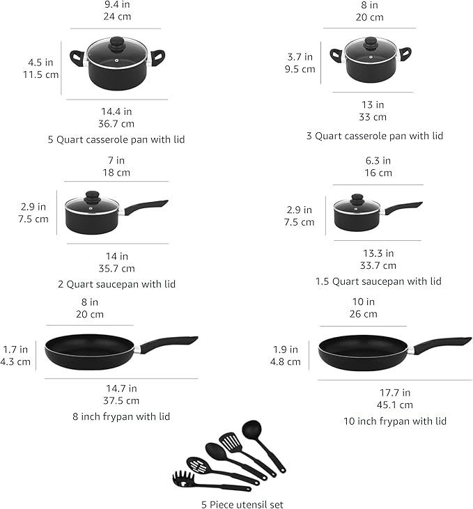 Amazon Basics Non Stick Kitchen Cookware 15-Piece Set, Non-Induction, Includes Pots, Pans, and Utensils, Black