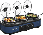 Sunvivi Triple Slow Cooker Buffet Servers and Warmer, Large 3 Pot Food Small Mini Manual Slow Cooker with Adjustable Temp Stainless Steel Lid Rests,Removable Ceramic Pot, 3 * 2.5 Quarts, Blue