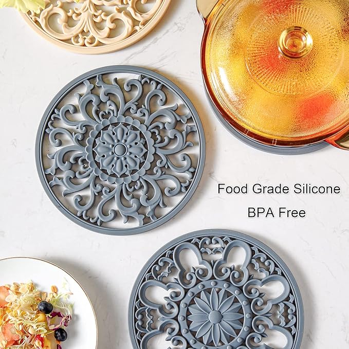 Extra Thick Silicone Trivet Mat for Hot Dishes, Hot Pots and Pans, Pot Holder, Hot Pad to Portect Your Table and Countertop, Kitchen Decor and Accessories,Beige,Set of 3
