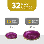 PLASTICPRO 60 Pack Plastic Plates Set of 30-10 inch Plates and 30-7 inch Plate, Elegant Clear Purple Spiral and Gold Rim Disposable Fancy Plate Premium Heavyweight