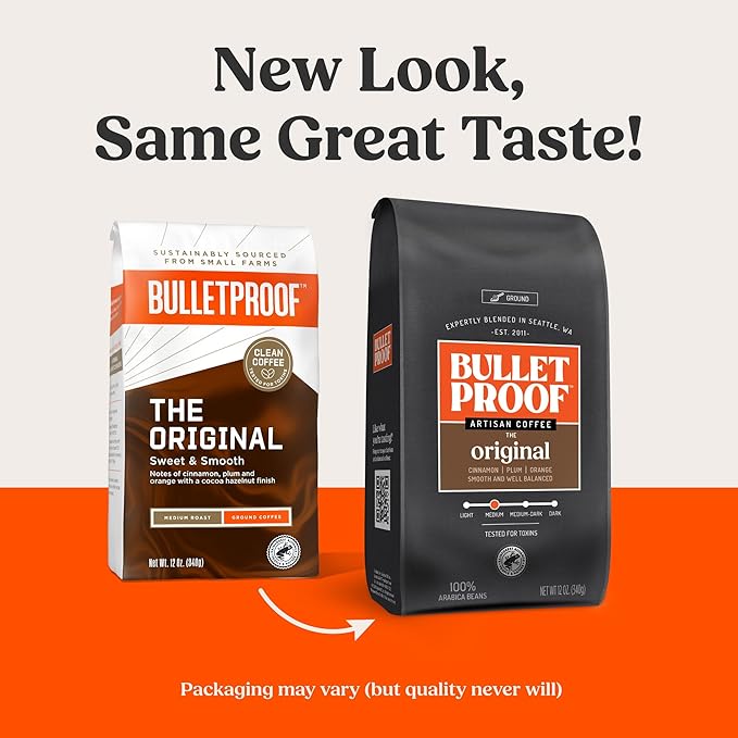 Bulletproof Original Medium Roast Ground Coffee, 12 Ounces, 100% Arabica Coffee, Clean Coffee Tested for Toxins, Packaging May Vary