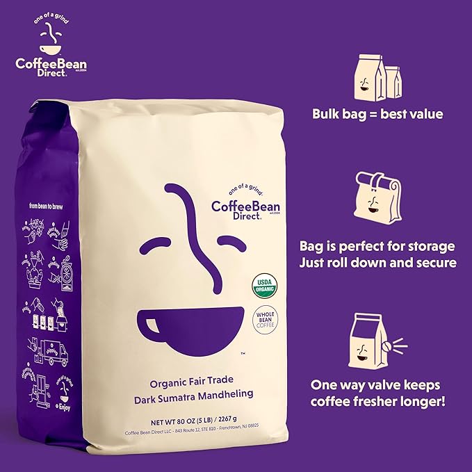 Coffee Bean Direct Organic Fair Trade Dark Sumatra Mandheling, Whole Bean Coffee, Dark Roast, 5 Pound Bag (Pack of 1)