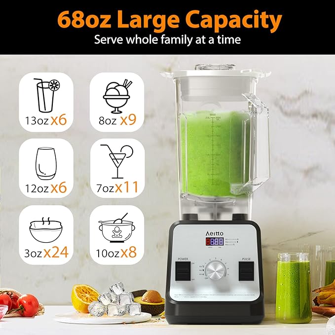 Aeitto Blender, Blenders for Kitchen with 1500-Watt Motor, 68 Oz Large Capacity, Professional Countertop Blenders for Ice Crush, Frozen Drinks, Silver