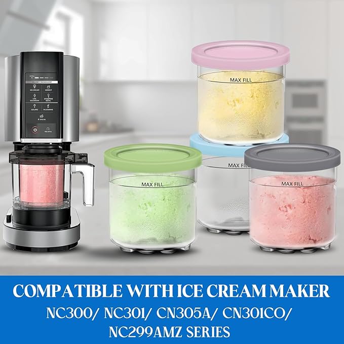 Creami Pints and Lids for Ninja, 16oz Creamer Storage Containers Holder Cups Can Canisters Accessories Replacement Parts for NC299AMZ & NC300s Series Ice Cream Maker, Airtight Dishwasher Safe BPA-Free