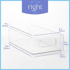 Plastic Food Storage 4 Pack Clear Container Bin with Handles for Organizing Kitchen, Pantry, Refrigerator, Freezer, Pantry, Cabinet, Closet, Bathroom. Stackable 10”x6”x3”