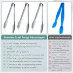 12 pieces Buffet Tongs 9'' Inches Serving Tongs Heavy Duty Stainless steel Kitchen and BBQ Utility Tong (Silver, 9inch)