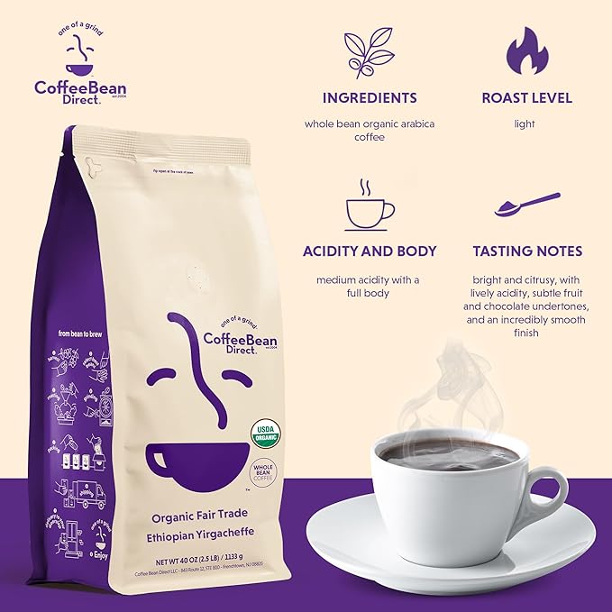 Coffee Bean Direct Organic Fair Trade Dark Ethiopian Yirgacheffe, Whole Bean Coffee, Dark Roast, 2.5 Pound Bag (Pack of 1)