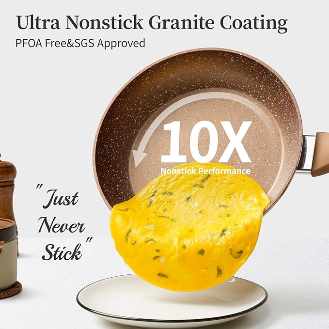 Innwewell Non Stick Frying Pan - Granite Stone Non Stick Skillet Frying Pans, Safe&No Toxic Egg Omelette Frying Pan, Nonstick Cookware Cooking Pan, Induction Compatible, PFOA Free(9.5inch, Gold)