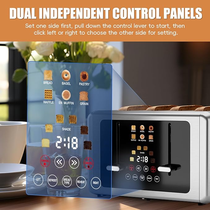 Touch screen Toaster 4 slice,Stainless Steel Digital Timer Toasters with Sound/Screen-Off Function,6 Bread Types & Shade Settings,Smart Extra Wide Slots Toaster with Bagel,Defrost,Silver
