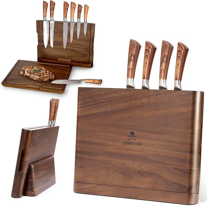 2-in-1 Wood Cutting Board with Magnetic Knife Holder - 16 x 11 Inch Rain Wood, Juice Grooves, Kitchen Organizer for Home Chefs