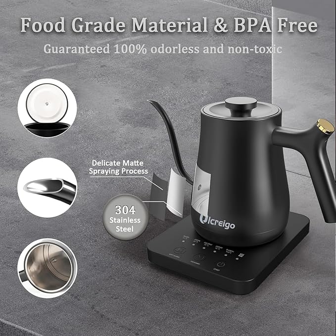 Gooseneck Electric Kettle,Ulcreigo Tea Kettle for Boiling Water, Temperature Control with 5 Variable Presets,Hot Water Boiler Heater for Pour Over Coffee, Keep Warm 2 Hours,304 Stainless Steel(Black)