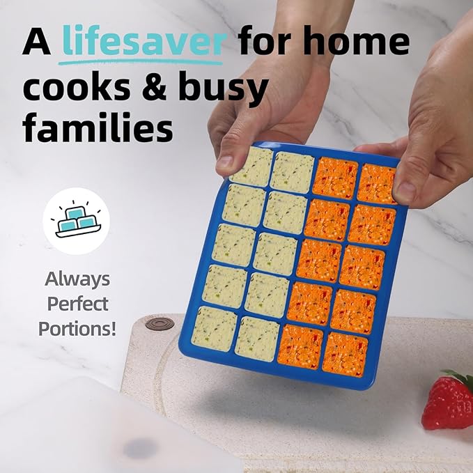 2 Tbsp & 1 Tbsp Silicone Freezer Molds - Perfect for Storing Garlic, Herbs, Ginger, Pesto, Tomato Paste, Lemon Juice,Vegetable Purees,Purees and More - Silicone Food Freezer Tray (Blue 4 Pack)