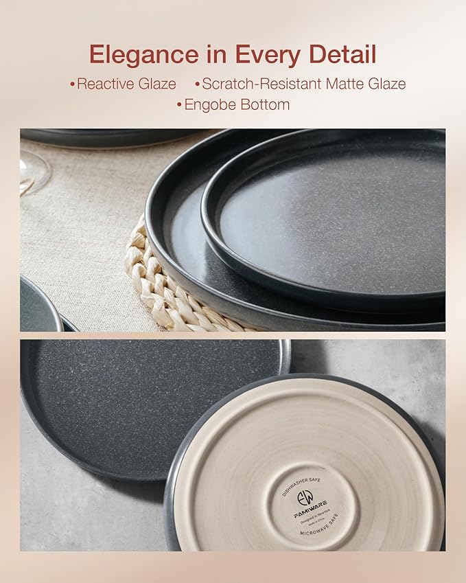 Famiware Milkyway Stoneware Dinnerware Sets with Pasta Bowls, Service for 4 (16 Pieces), Reactive Glaze Plates and Bowls Sets, Microwave and Dishwasher Safe Dishes Set, Matte Dark Charcoal