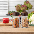 Small Glass Jars with Airtight Lid Clear Coffee Ground Storage Canister Wooden Lid Round Glass Spice Jar for Pantry Sugar Tea Bean Nuts Cookies Bath Salts (4×250ml(8.4oz))