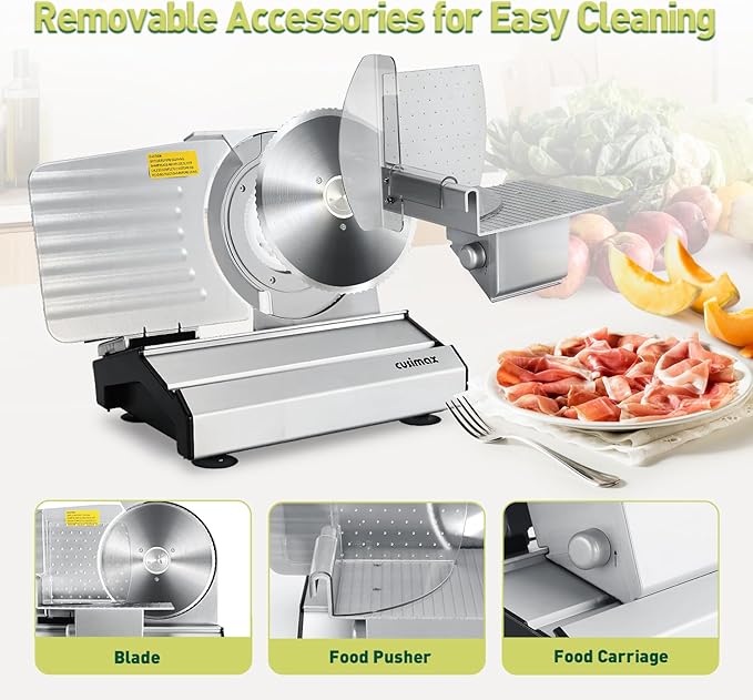 CUSIMAX Electric Meat Slicer for Home,Two 7.5''Stainless Steel Blades,1-20mm Adjustable Thickness,Easy to Cut Various Foods,Removable Food Carriage for Easy Cleaning