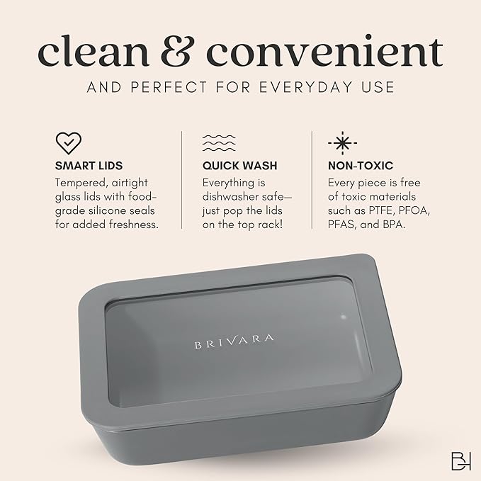 Ceramic Coated Glass Food Storage Container | No PTFE, PFOA, PFAS, and BPA | Reusable Non Toxic Meal Prep Container with Glass Lid | Easy To Store | 2.5 Cup Square [Smoke]