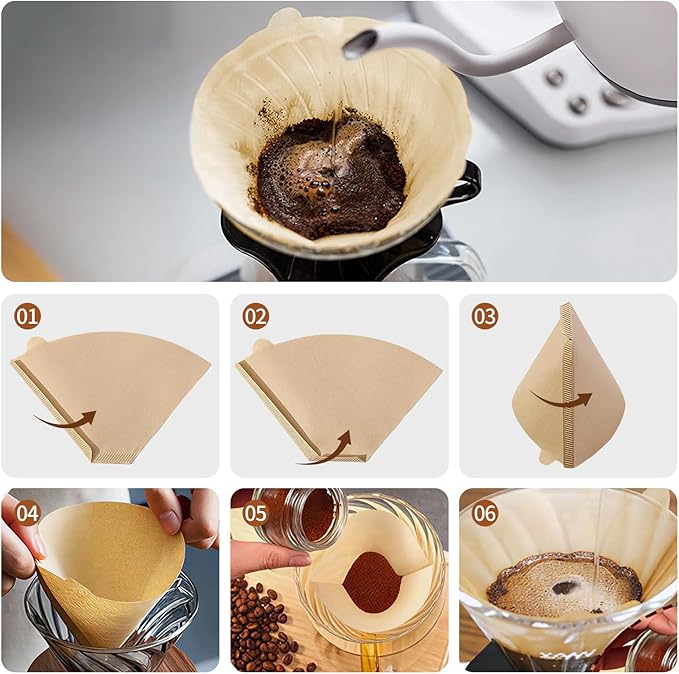 100 Count #4 Cone Coffee Filters 8-12 Cup, Natural Unbleached Disposable Coffee Filters, Compatible with Pour-Over and Drip Coffee Makers.